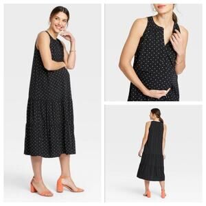 NEW The Nines by Hatch Maternity Dress Black Rayon Sleeveless Tiered Midi Size S